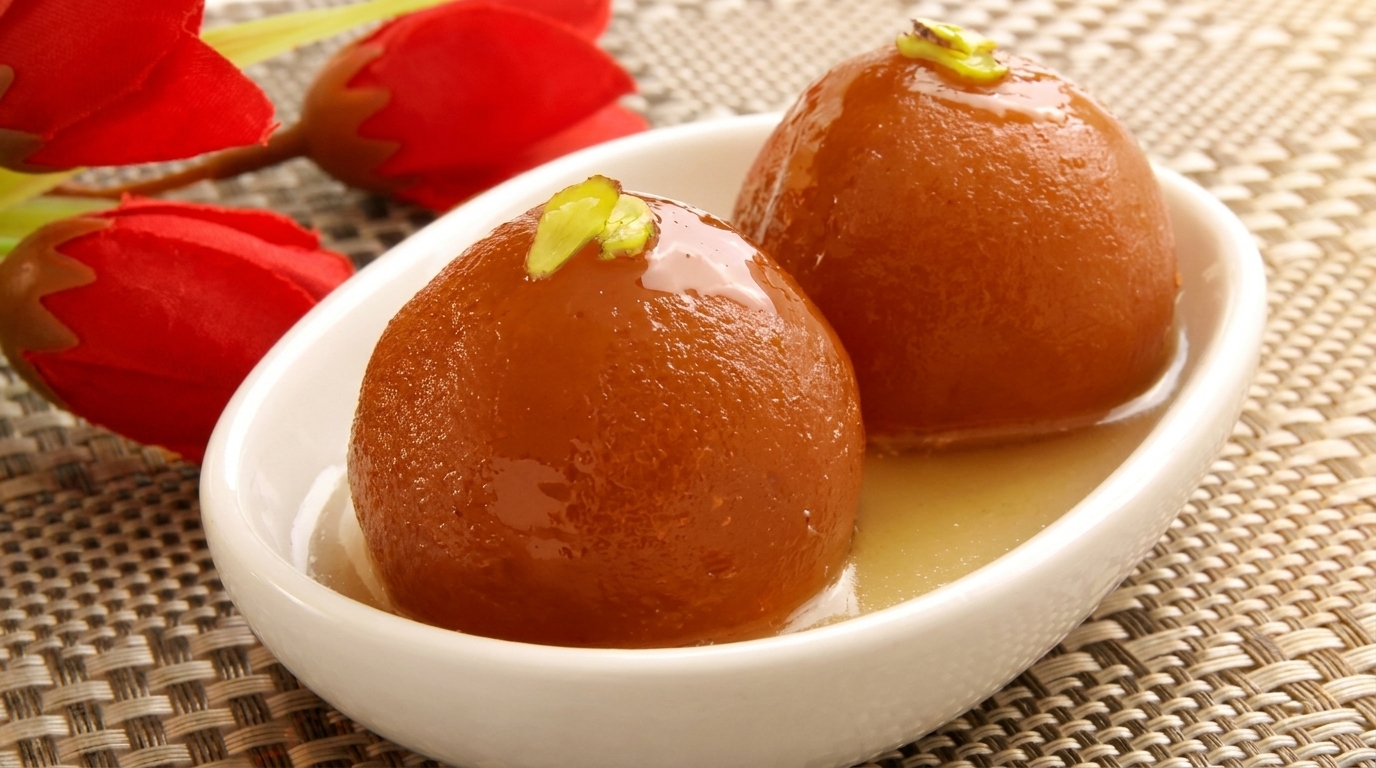 Two gulab jamun, garnished with pistachios, in a white dish with red flowers in the background.