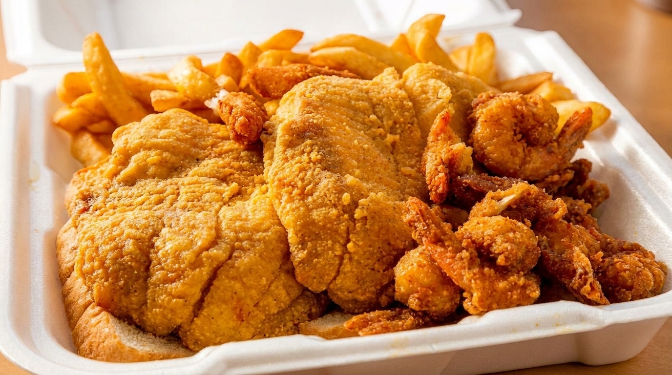 Fried fish fillets, shrimp, and french fries in a white takeout container.