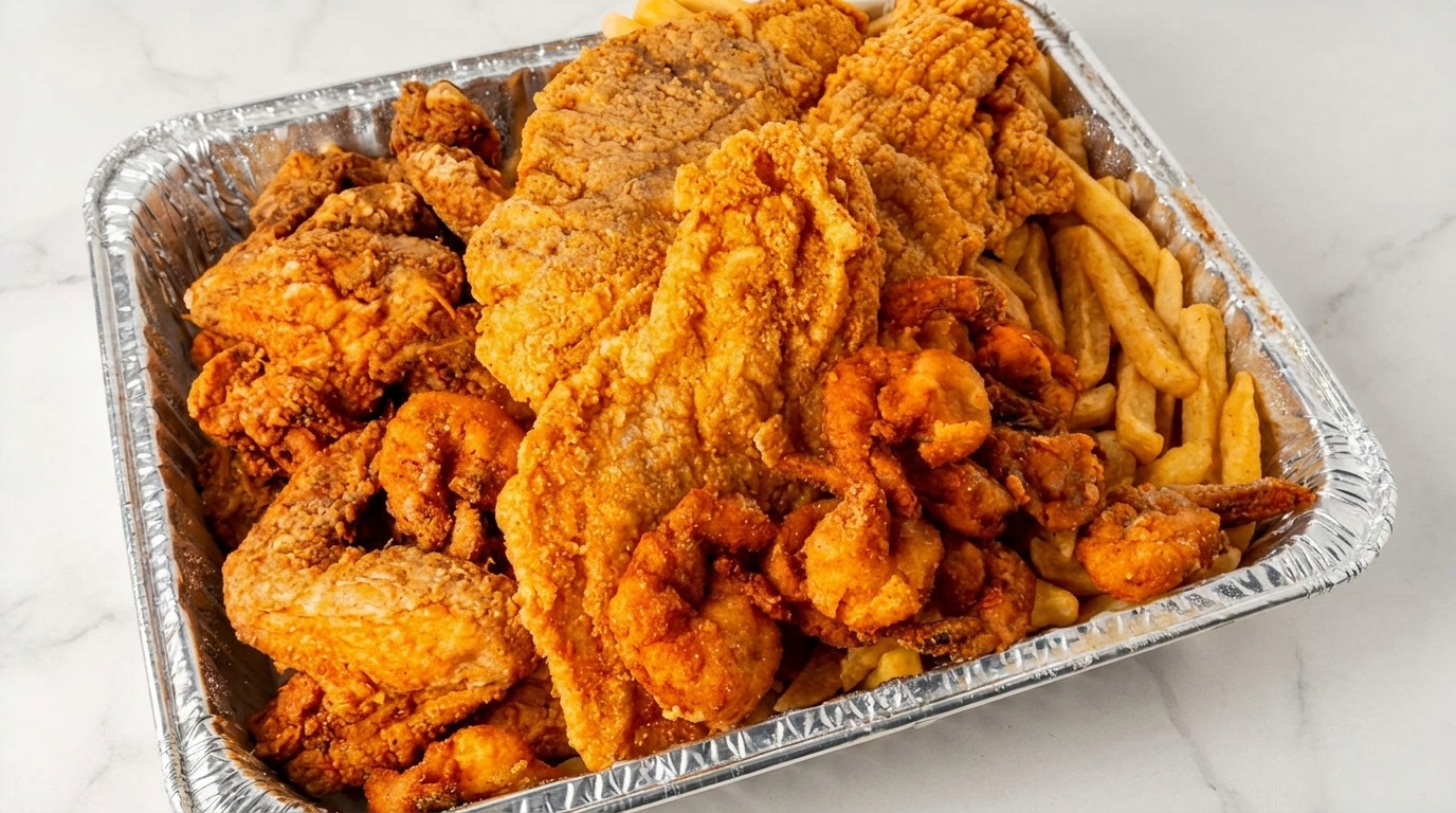 Large foil tray filled with fried chicken, fish, shrimp, and french fries on a white marble surface.