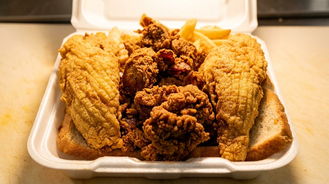 Fried fish fillets, shrimp, and french fries in a white styrofoam takeout container.