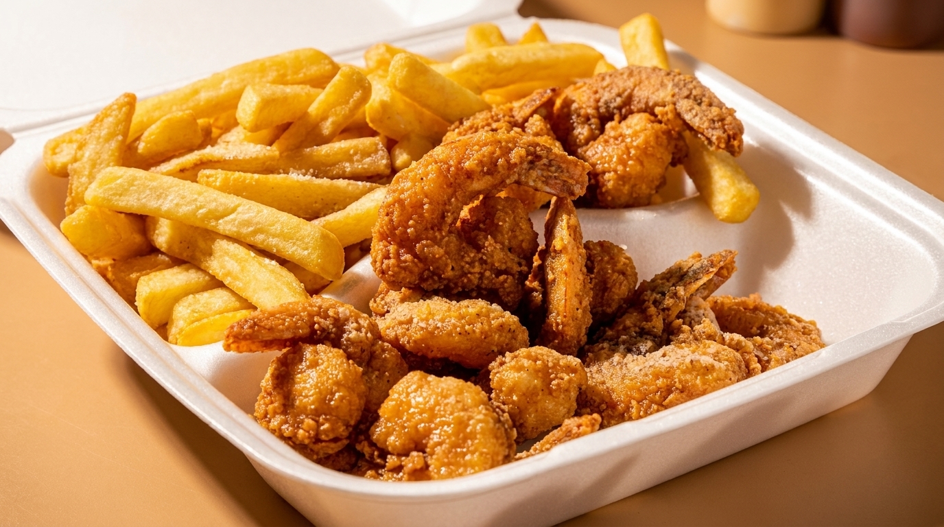 Crispy fried shrimp and golden french fries served in a white takeout container.