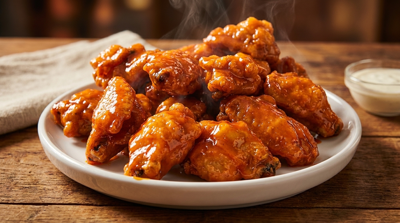 Steaming hot buffalo chicken wings on a white plate with a side of ranch dressing.