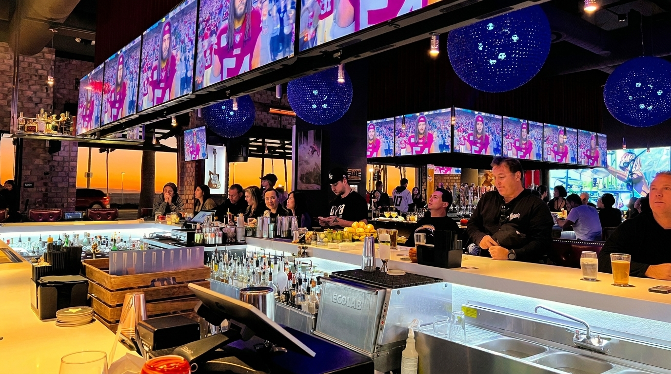 A lively sports bar with patrons at the counter, watching games on multiple large screens.