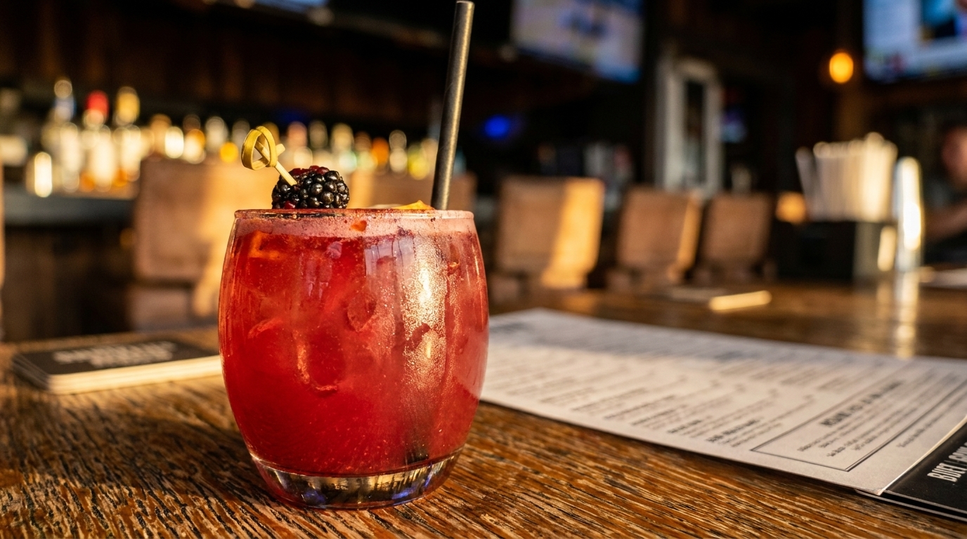A red cocktail with a blackberry garnish and straw sits on a wooden bar next to a menu.