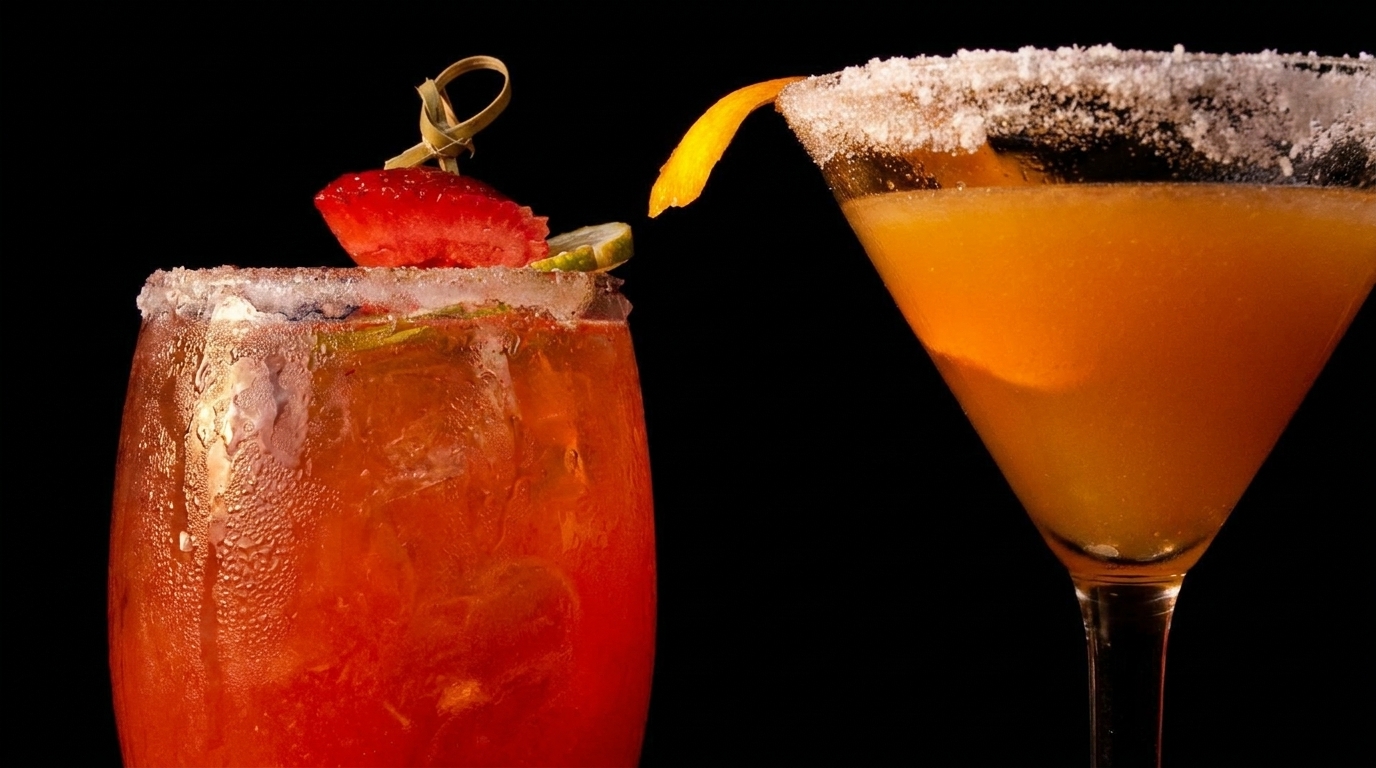 Two vibrant cocktails, one red with a strawberry garnish, and one orange with a sugar-rimmed glass.