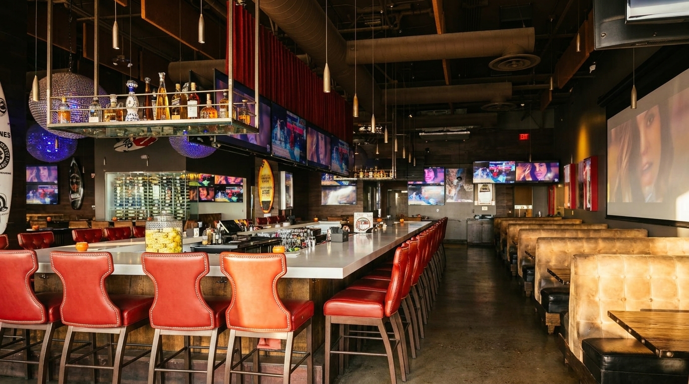 A vibrant bar with red stools, multiple TVs, and booths, showcasing a lively sports bar atmosphere.
