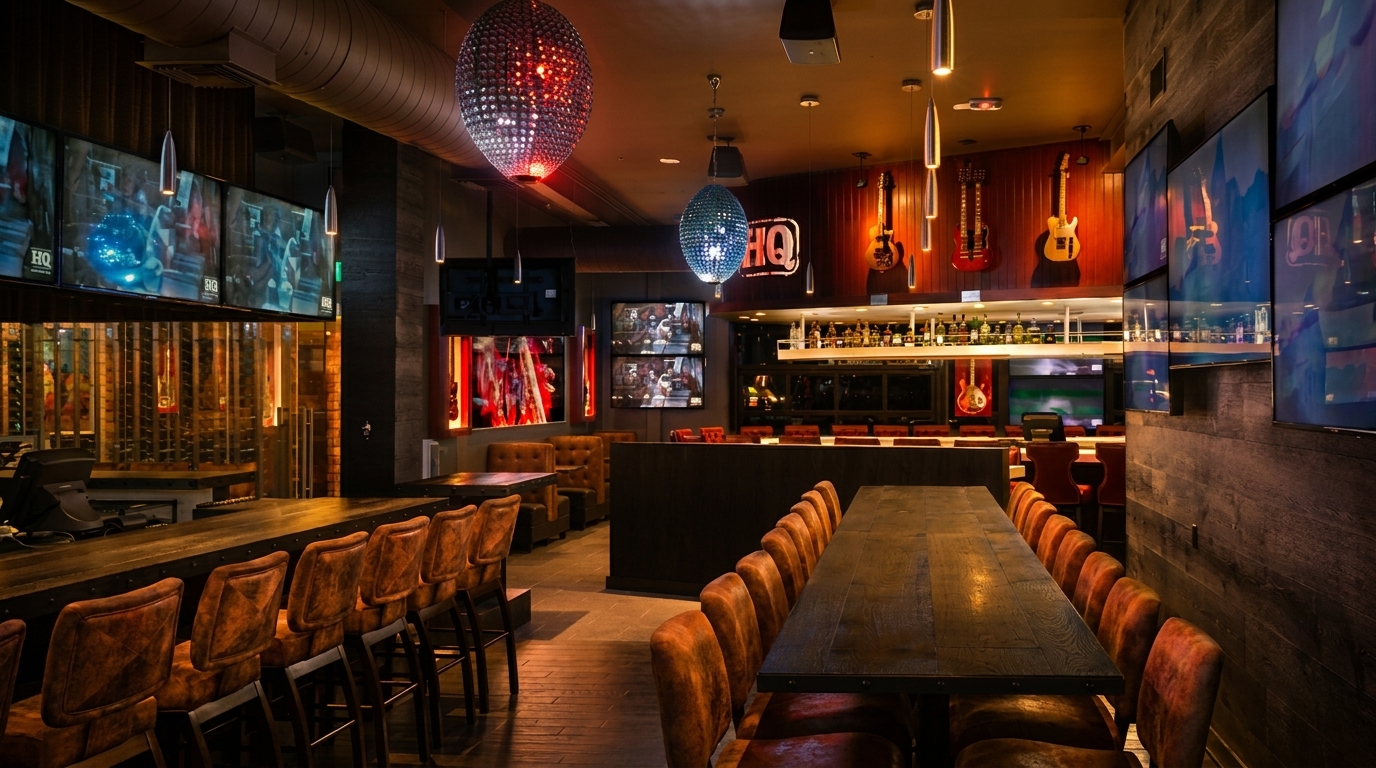 A dimly lit, modern bar interior with multiple large screens, disco balls, and guitars on the wall.