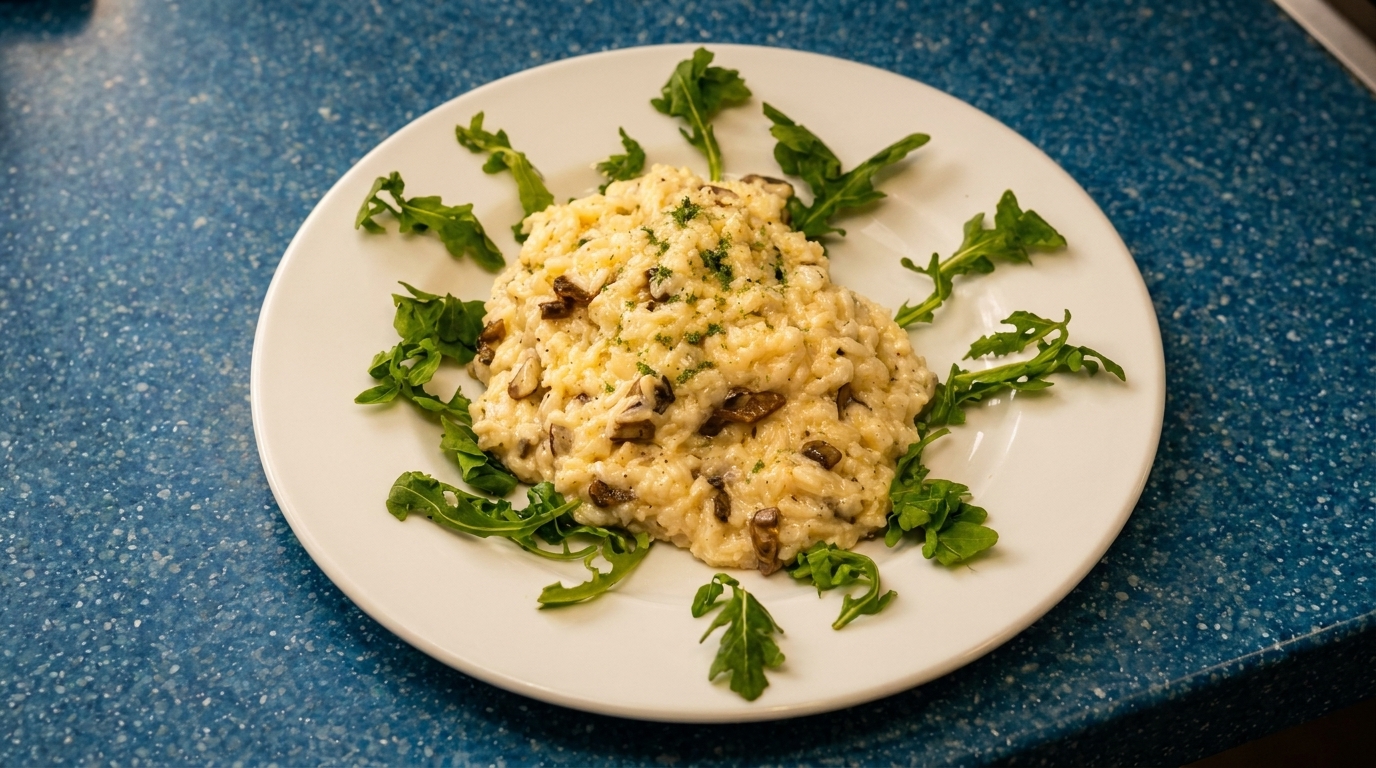 Creamy mushroom risotto garnished with fresh arugula and parsley on a white plate.