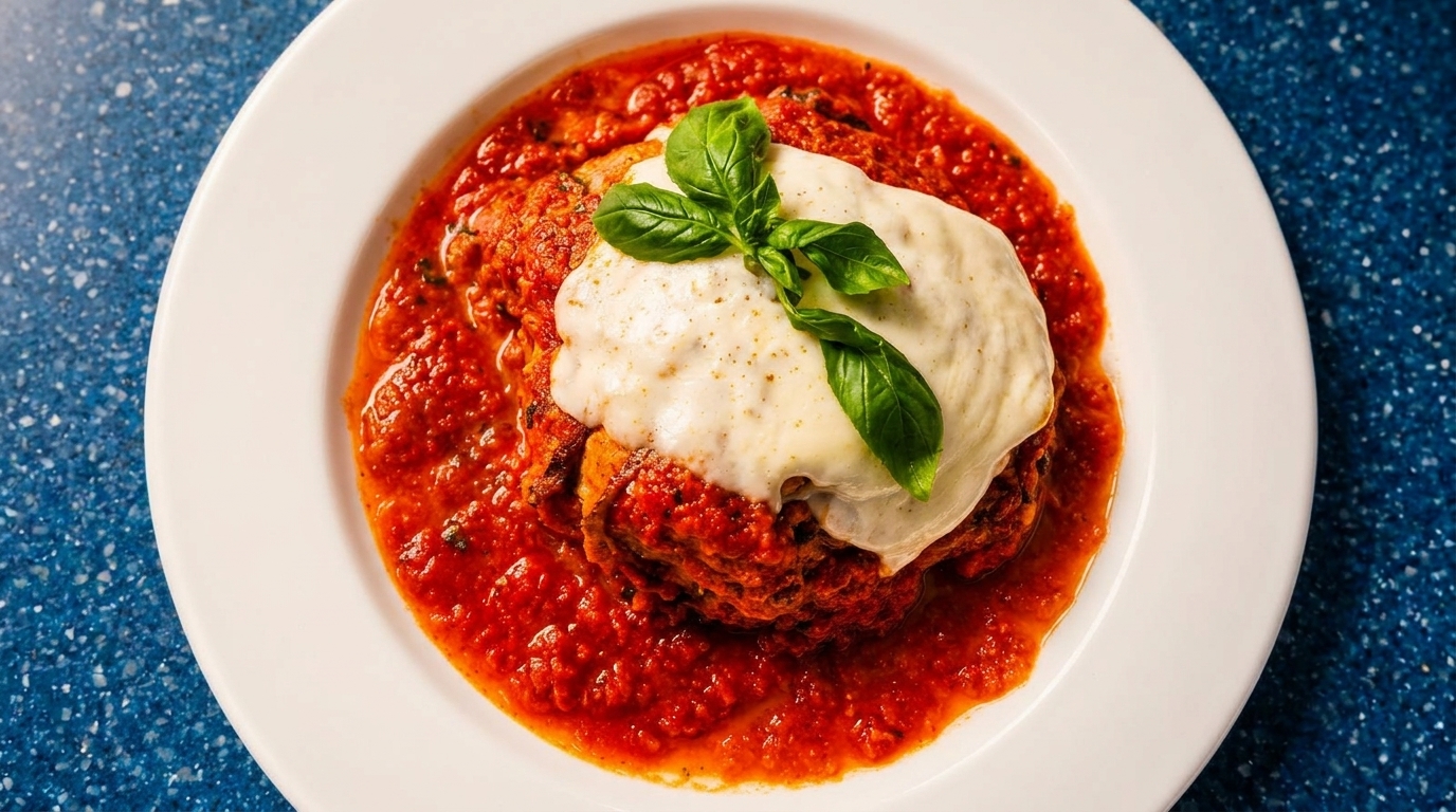 Eggplant Parmesan with melted mozzarella cheese, rich red sauce, and fresh basil on a white plate.