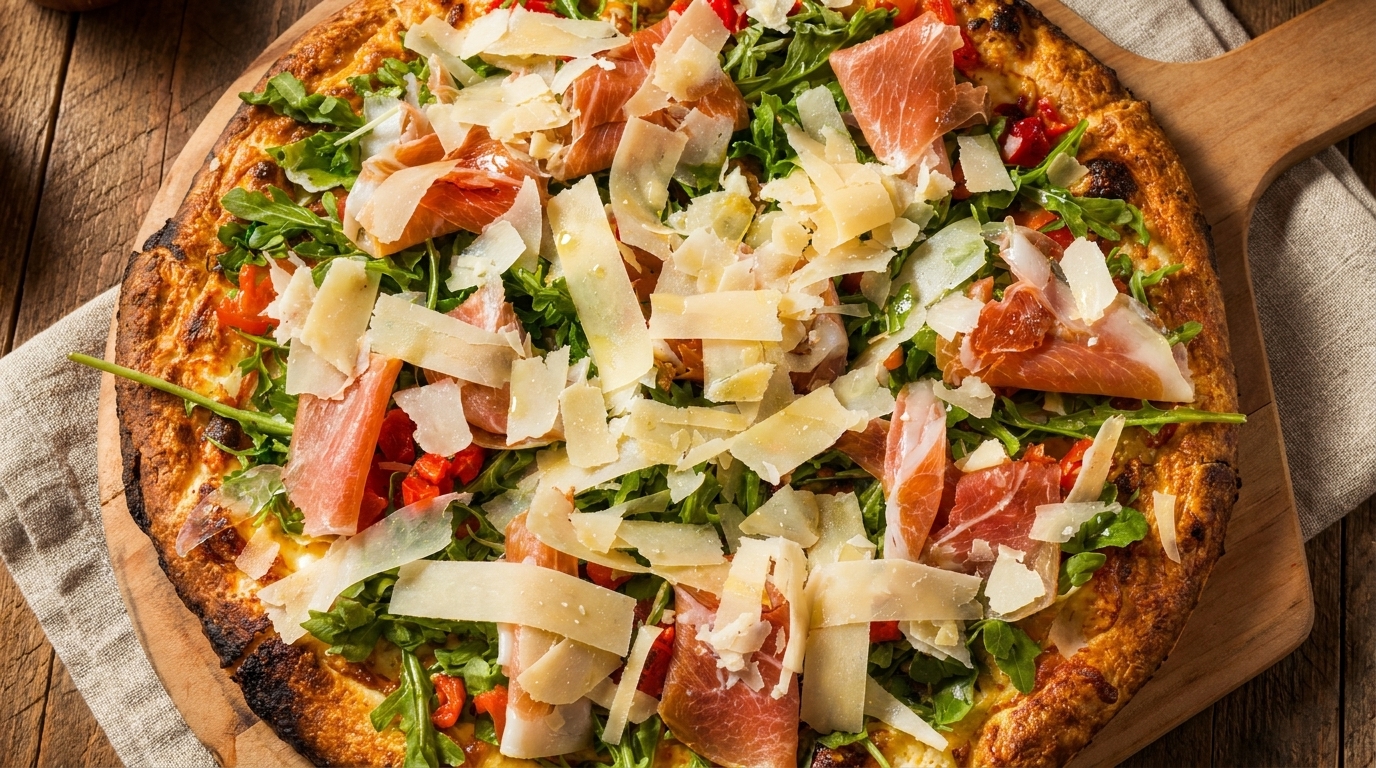 A freshly baked pizza topped with prosciutto, arugula, and shaved Parmesan cheese on a wooden peel.