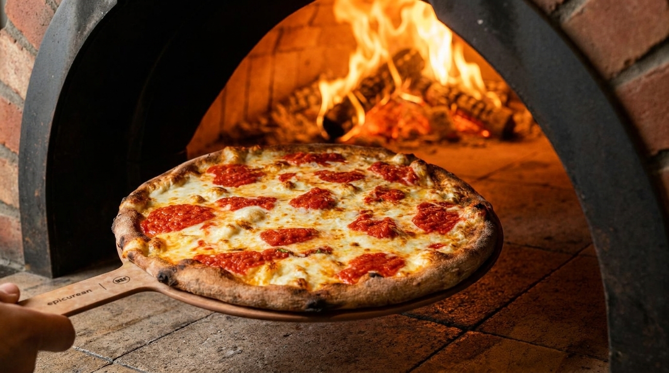 A fresh pizza with red sauce and melted cheese being placed into a fiery brick oven.
