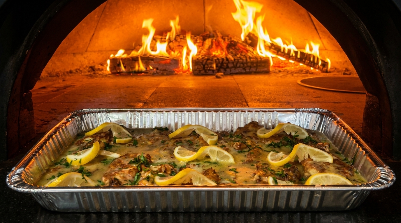 Lemon chicken in a foil pan, ready to be cooked in a wood-fired oven.