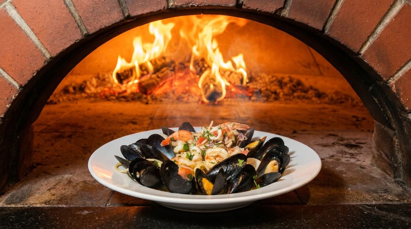 Seafood pasta with mussels, shrimp, and calamari in a white bowl, in front of a brick oven with flames.