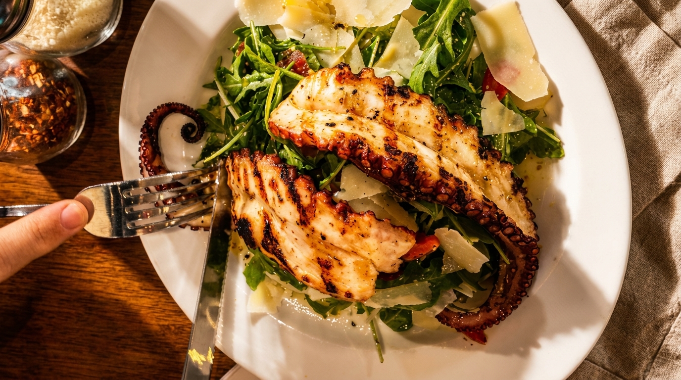 Grilled octopus with arugula, shaved parmesan, and a person cutting it with a fork and knife.