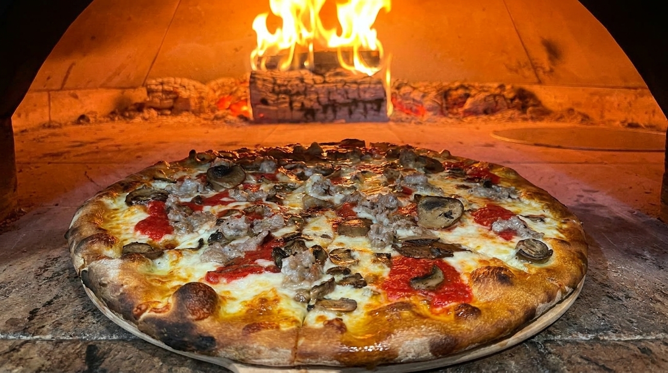 A freshly baked pizza with sausage and mushrooms sits on a peel in a wood-fired oven.