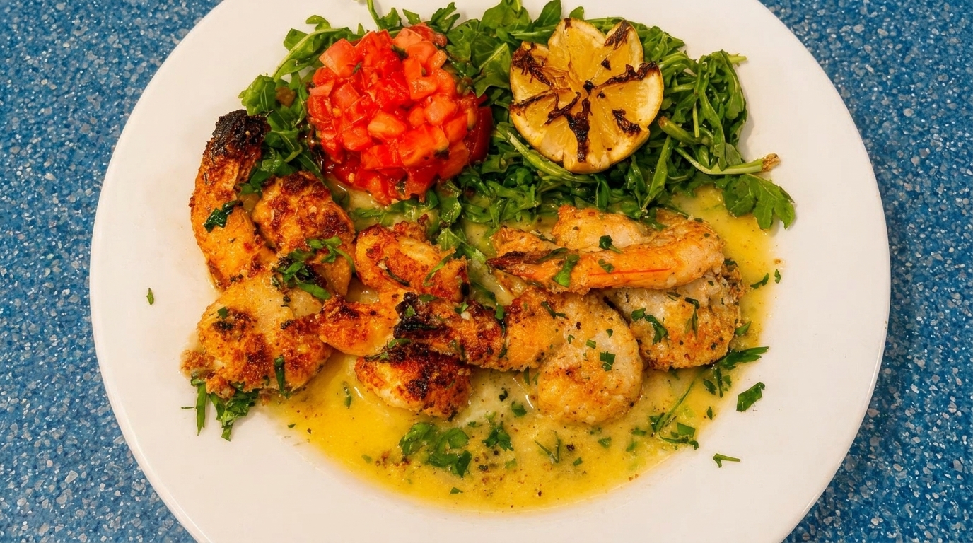 Garlic shrimp scampi with diced tomatoes, arugula, and a grilled lemon on a white plate.