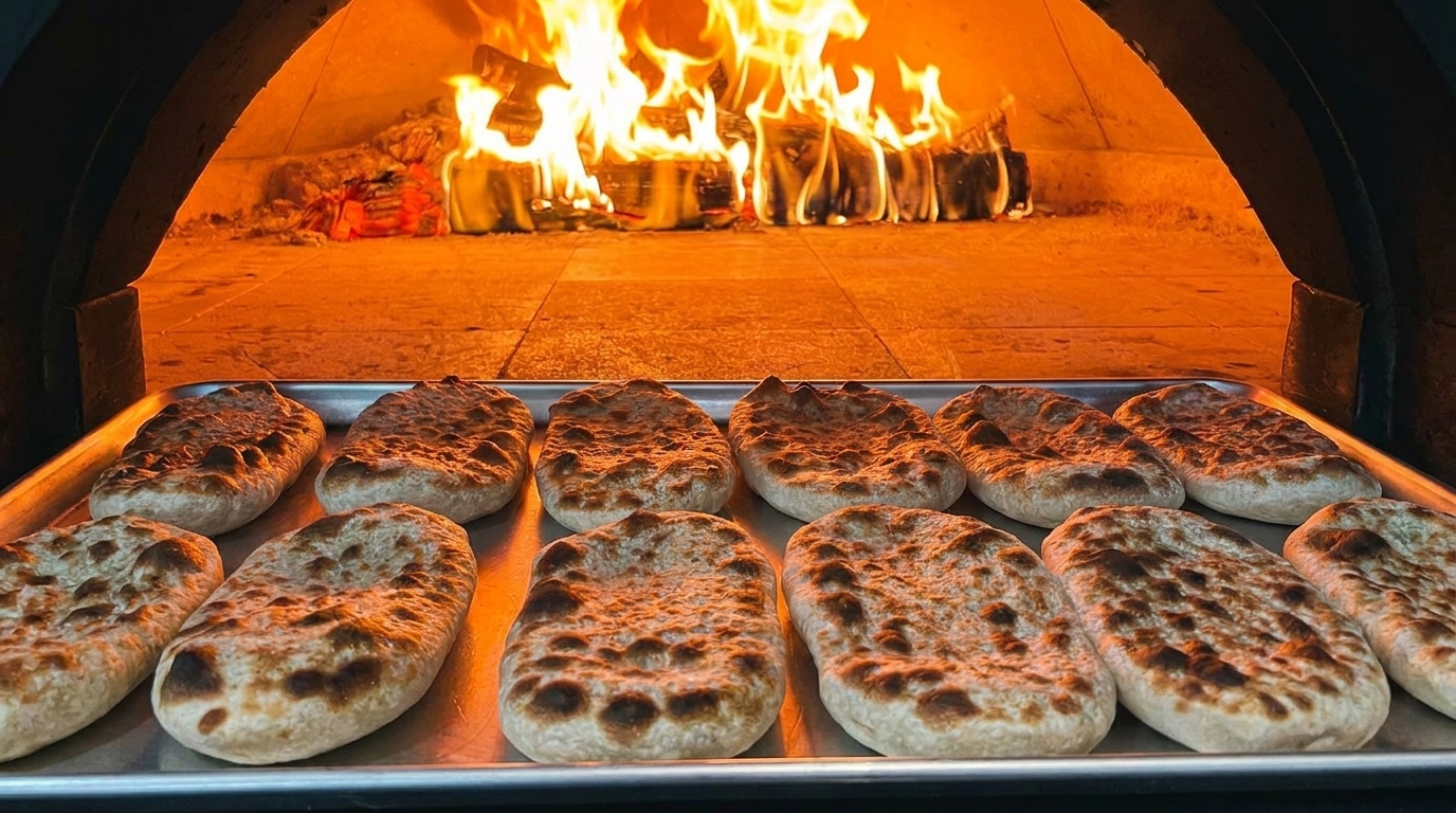 Freshly baked flatbreads on a tray, ready to be placed into a wood-fired oven with glowing flames.