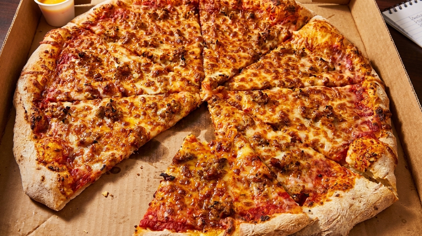 A whole sausage pizza with one slice removed, in a cardboard delivery box.
