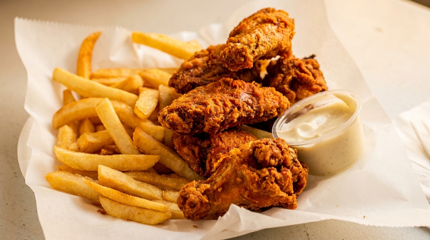Crispy fried chicken wings and golden french fries served with a side of dipping sauce.
