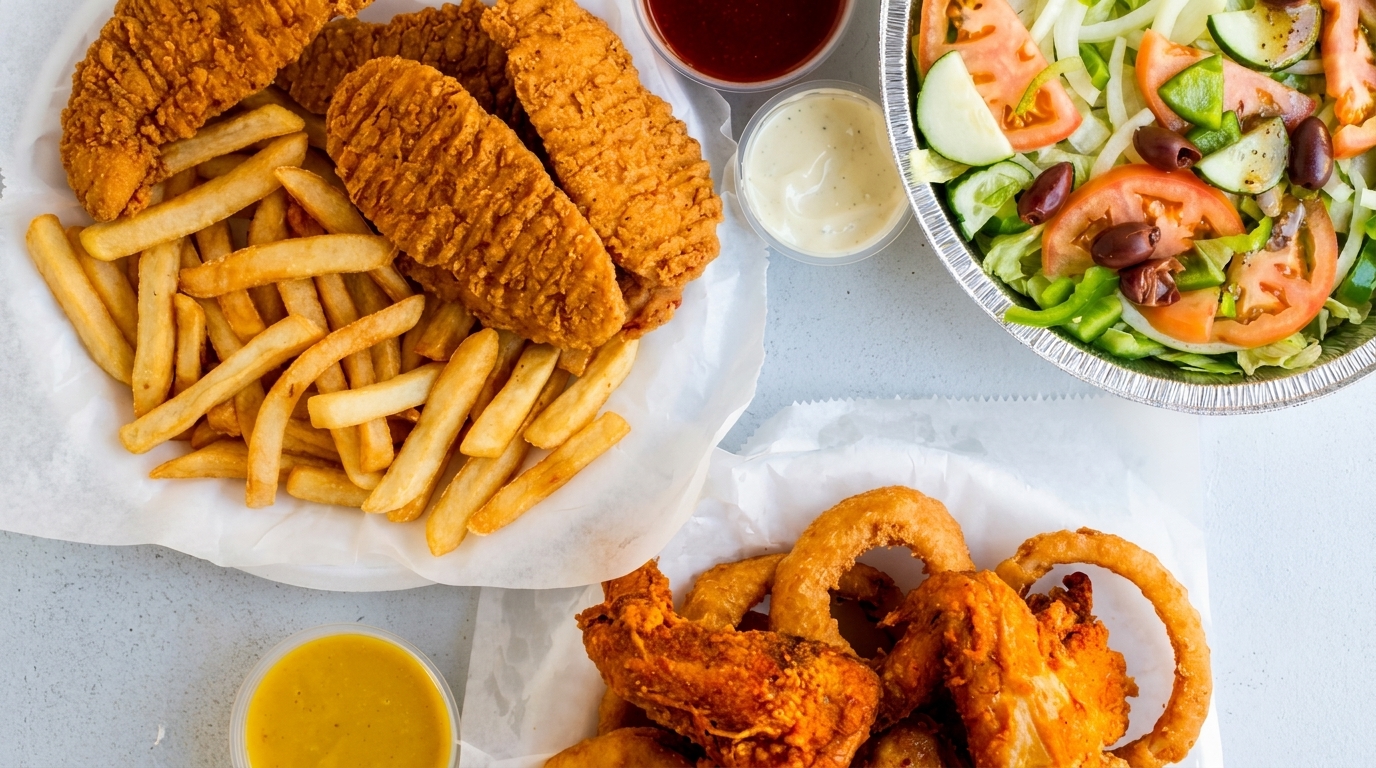 Fried chicken tenders, french fries, onion rings, and a fresh garden salad with dressings.