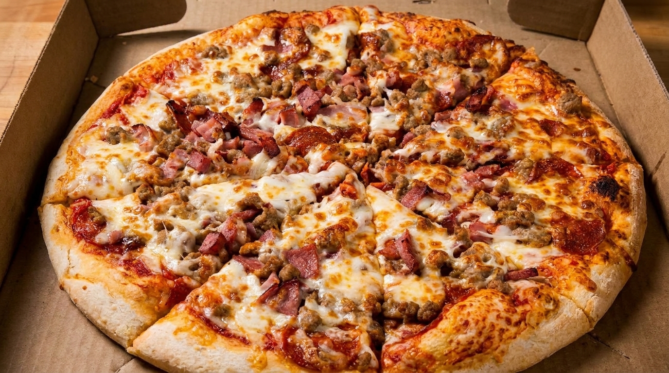 A whole meat lover's pizza with pepperoni, sausage, and ham in a cardboard box.