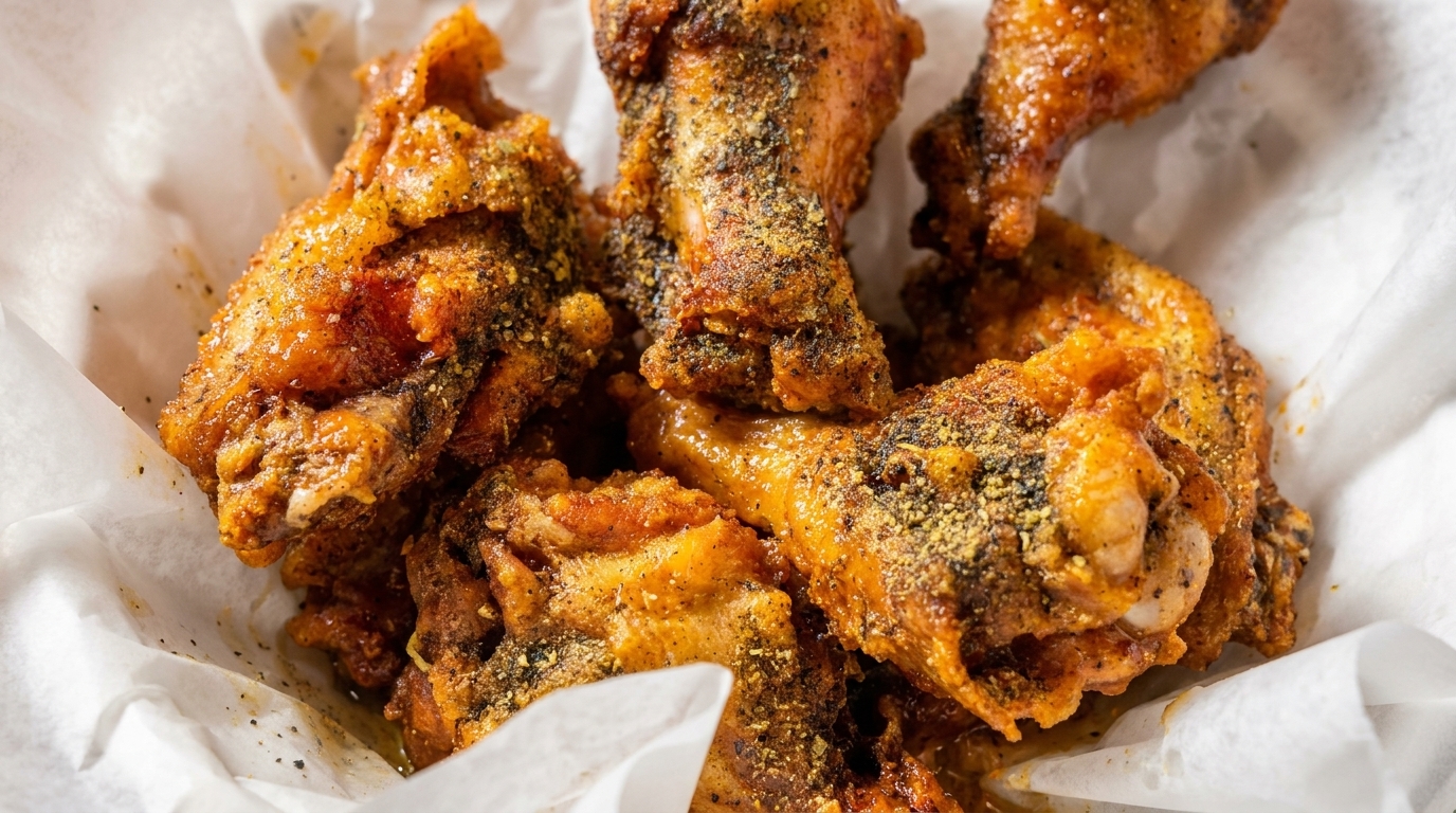 Close-up of crispy, seasoned chicken wings in a white paper-lined basket.