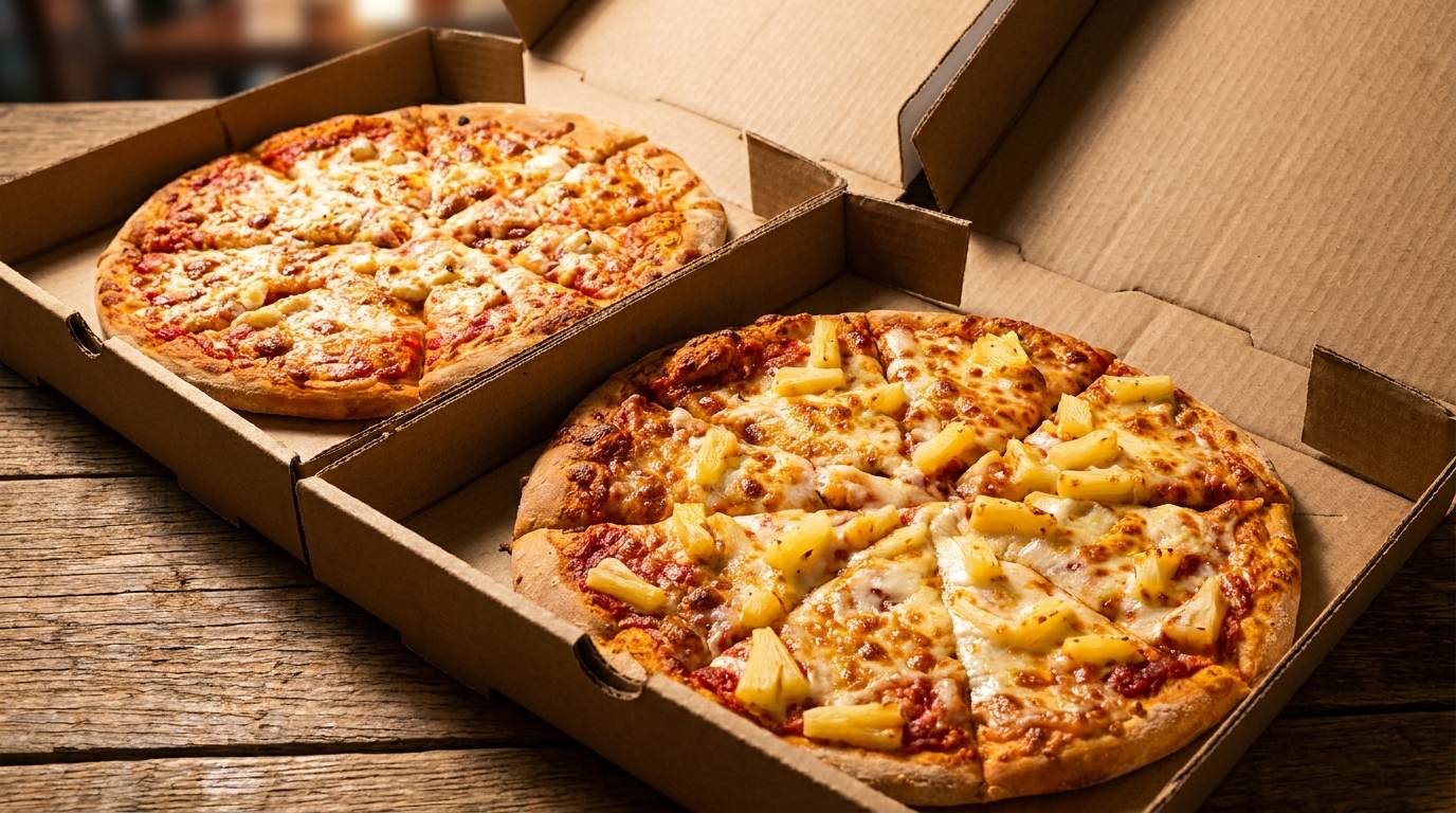 Two pizzas in cardboard boxes on a wooden table, one with pineapple, the other plain cheese.