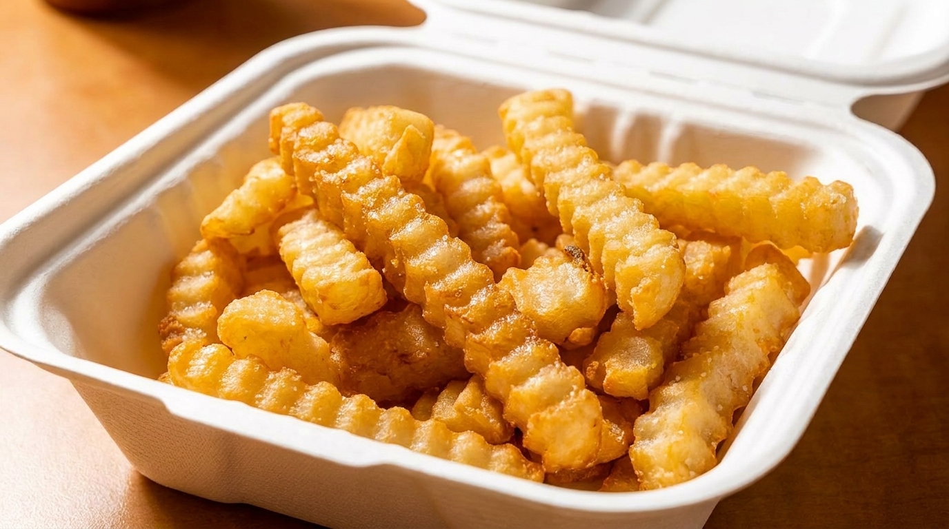 Crispy golden crinkle-cut fries, lightly salted, in a white takeout container on a wooden surface.