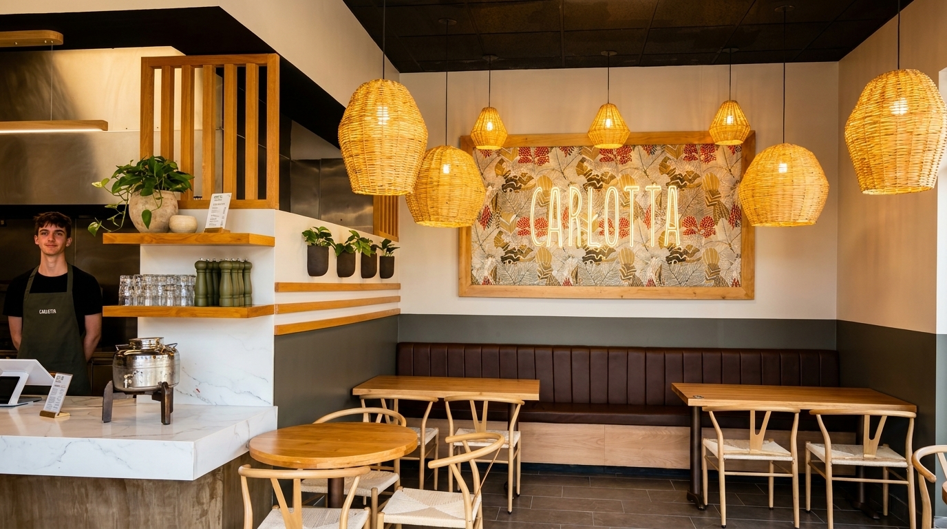 A Carlotta restaurant interior with a server, counter, tables, and a neon sign.