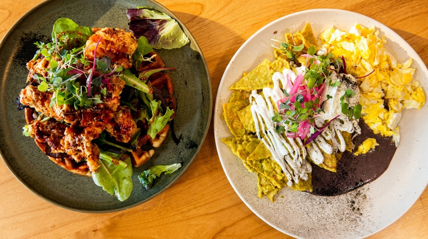 Two plates of food: chicken and waffles with greens, and chilaquiles with scrambled eggs and black beans.