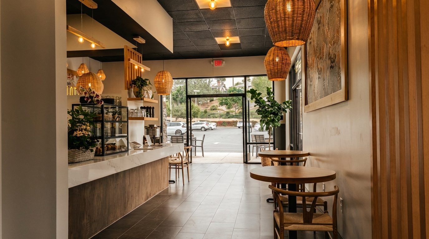 Modern cafe interior with a long counter, wooden tables, woven light fixtures, and an open glass door.