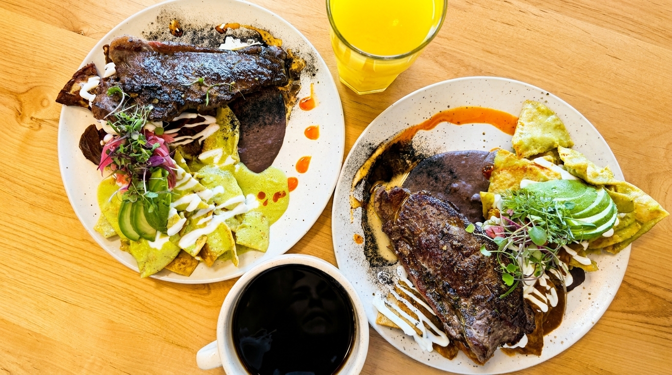 Two plates of steak with chilaquiles, black beans, avocado, and microgreens, with coffee and orange juice.