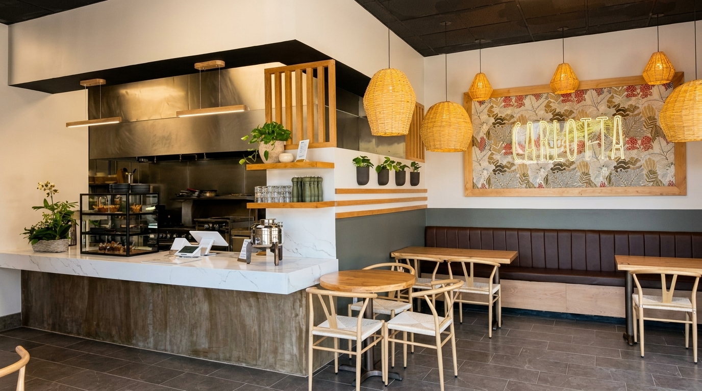 Modern restaurant interior with a counter, open kitchen, wooden tables, and a neon "CARLOTTA" sign.