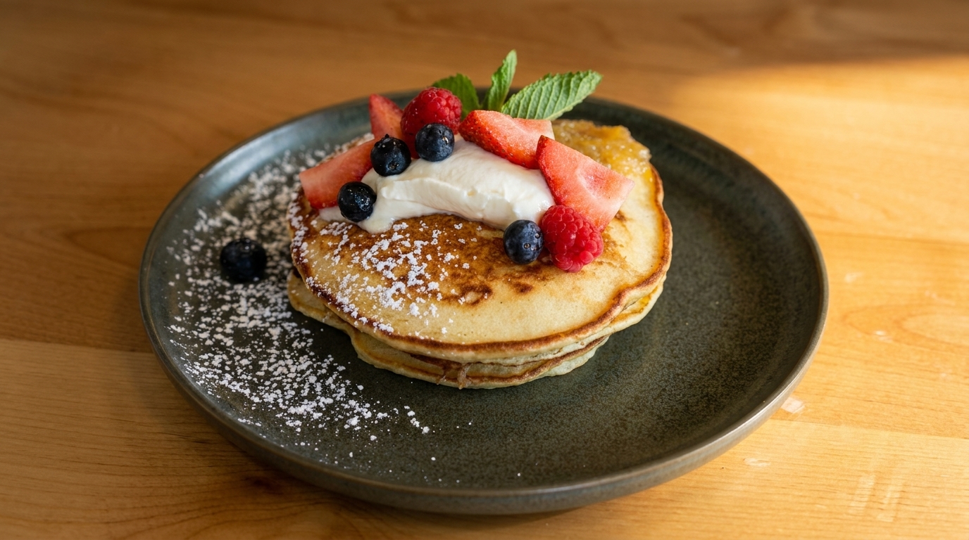 Fluffy pancakes topped with whipped cream, fresh berries, mint, and powdered sugar on a dark plate.