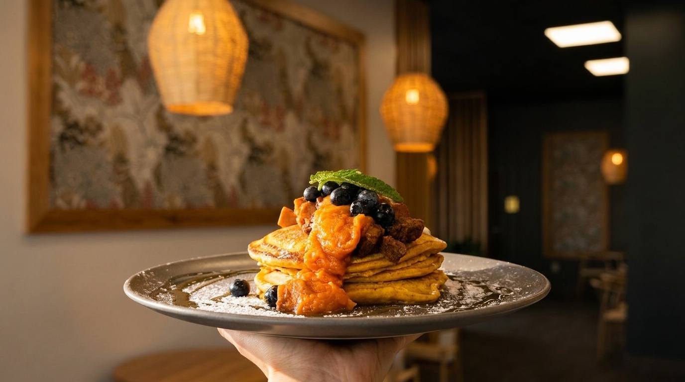Hand holding a plate of pancakes topped with fruit, syrup, and powdered sugar in a restaurant.