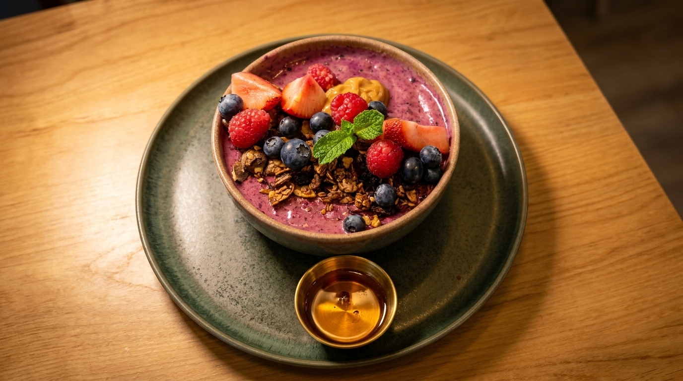 A vibrant berry smoothie bowl topped with fresh fruit, granola, and a side of honey.
