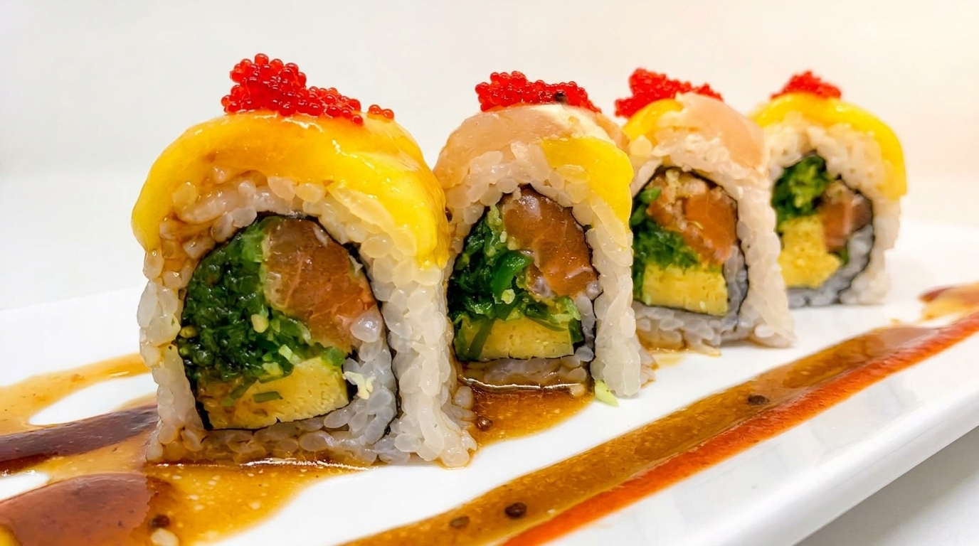 Four sushi rolls with mango, red roe, salmon, seaweed, and egg, drizzled with sauce.