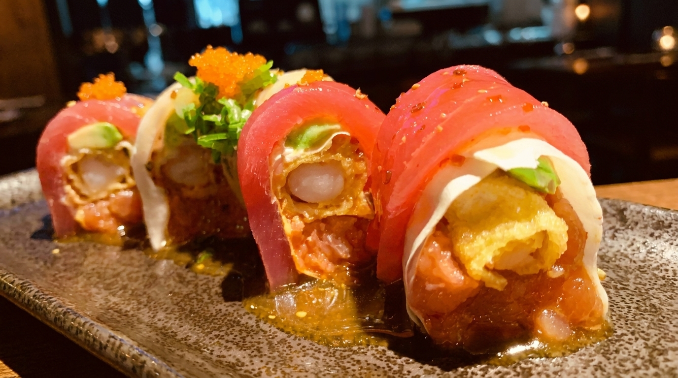 Four pieces of sushi with tuna, avocado, shrimp tempura, and roe on a dark plate.