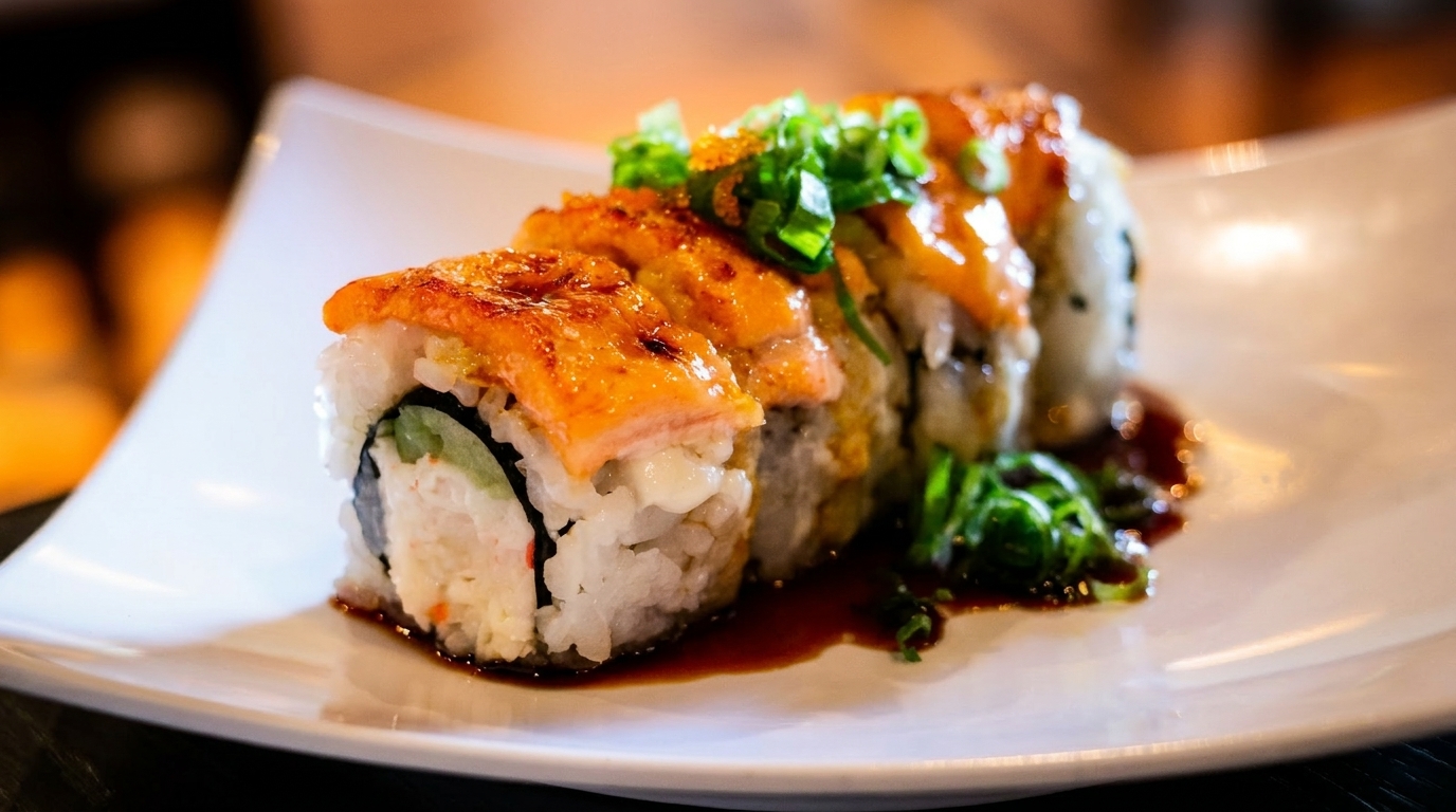 Sushi roll with salmon, green onions, and sauce on a white plate.