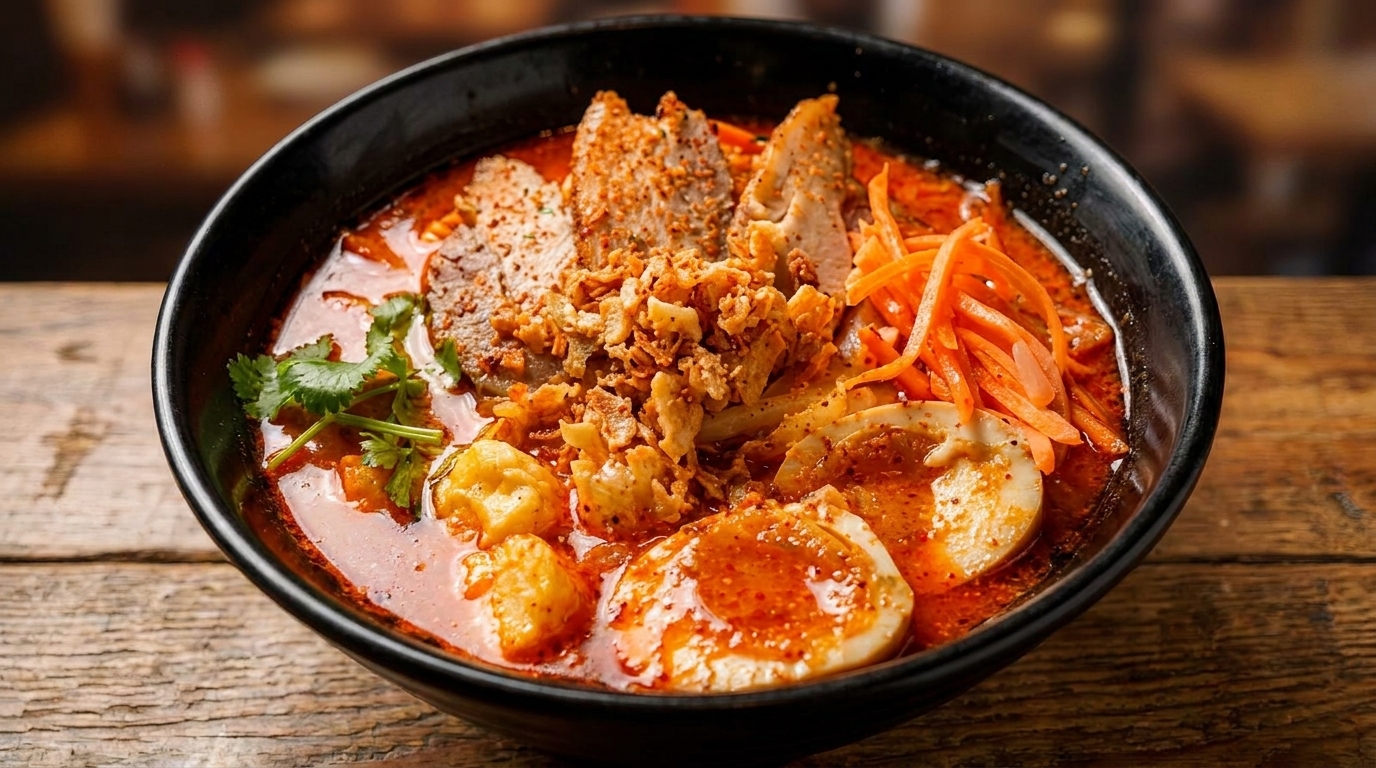 Spicy ramen bowl with pork, egg, carrots, and cilantro on a wooden table.
