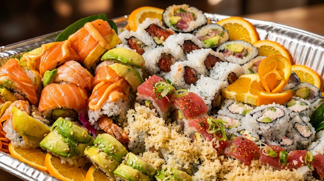 A large sushi platter with various rolls, including salmon, tuna, and avocado, garnished with orange slices.