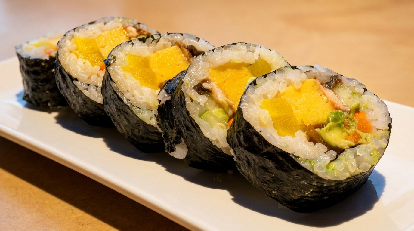 Five sushi rolls with yellow, green, and orange fillings on a white rectangular plate.