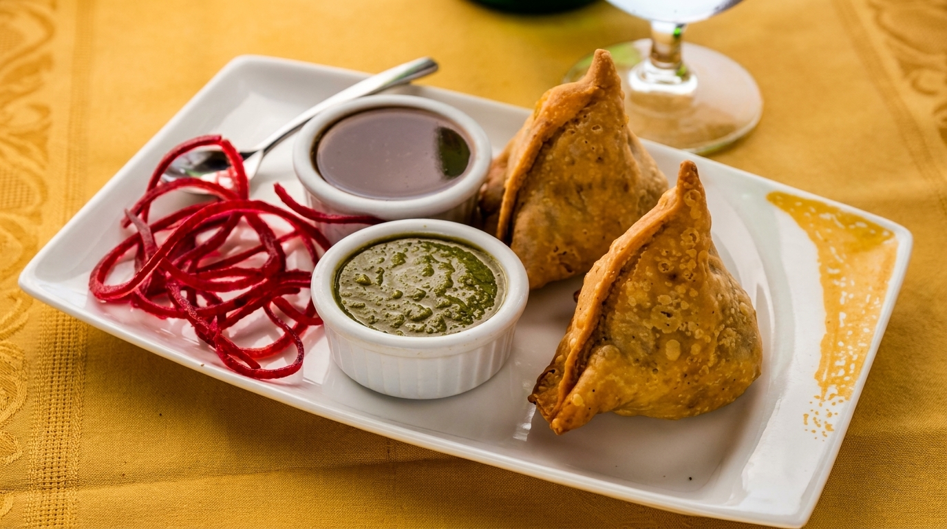 Two golden-brown samosas with green and brown chutneys, and red pickled onions on a white plate.