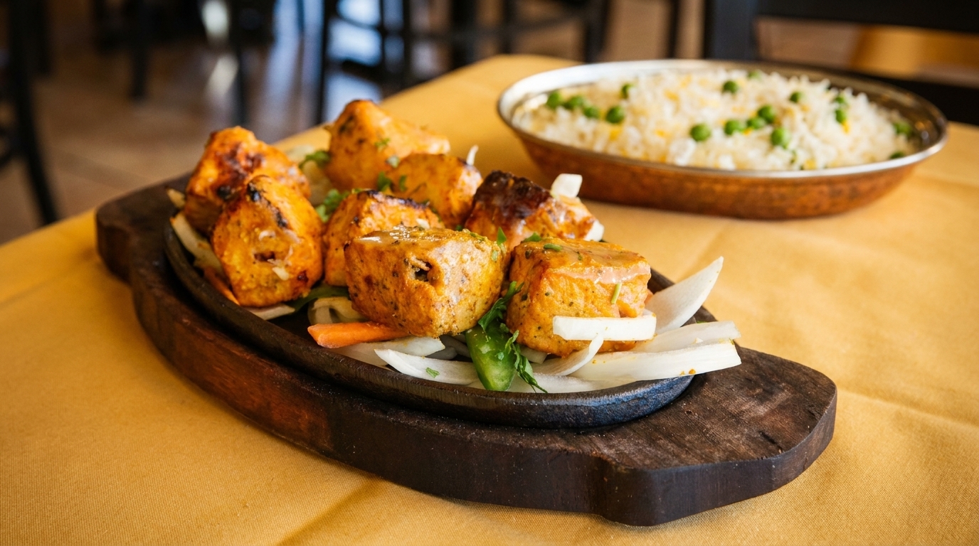 Chicken tikka masala with onions and peppers on a sizzling platter, with rice in the background.
