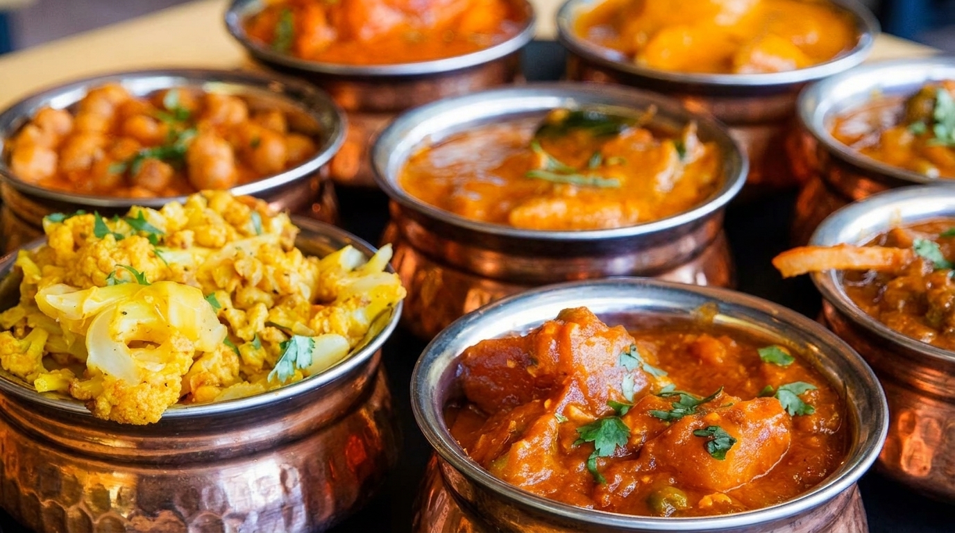 Multiple copper bowls filled with various Indian curries and vegetable dishes, garnished with fresh herbs.