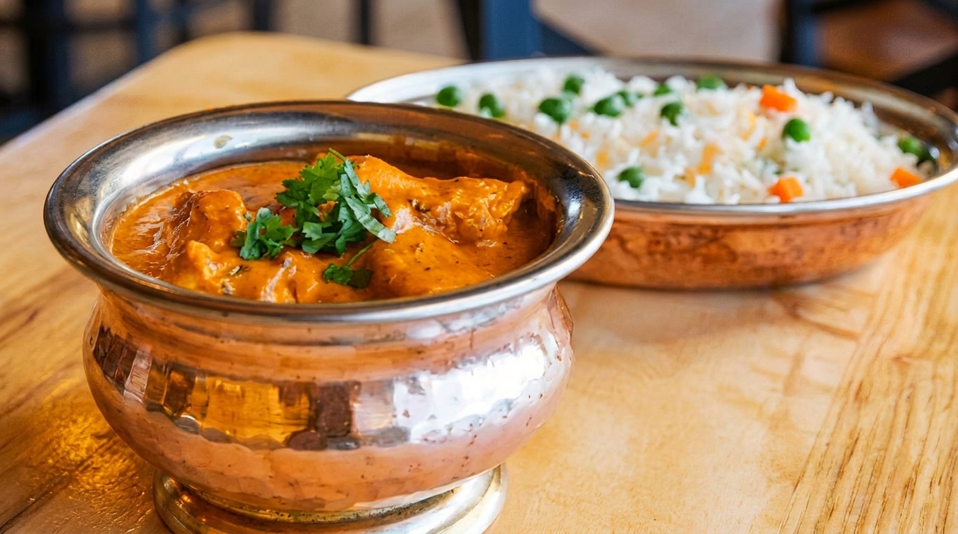 Chicken tikka masala with cilantro in a copper bowl, with rice and vegetables in the background.