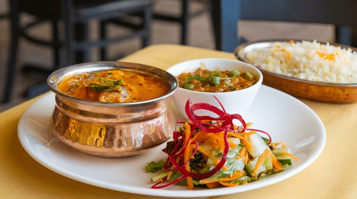 Indian curry in a copper bowl, a side dish, salad, and rice on a white plate.