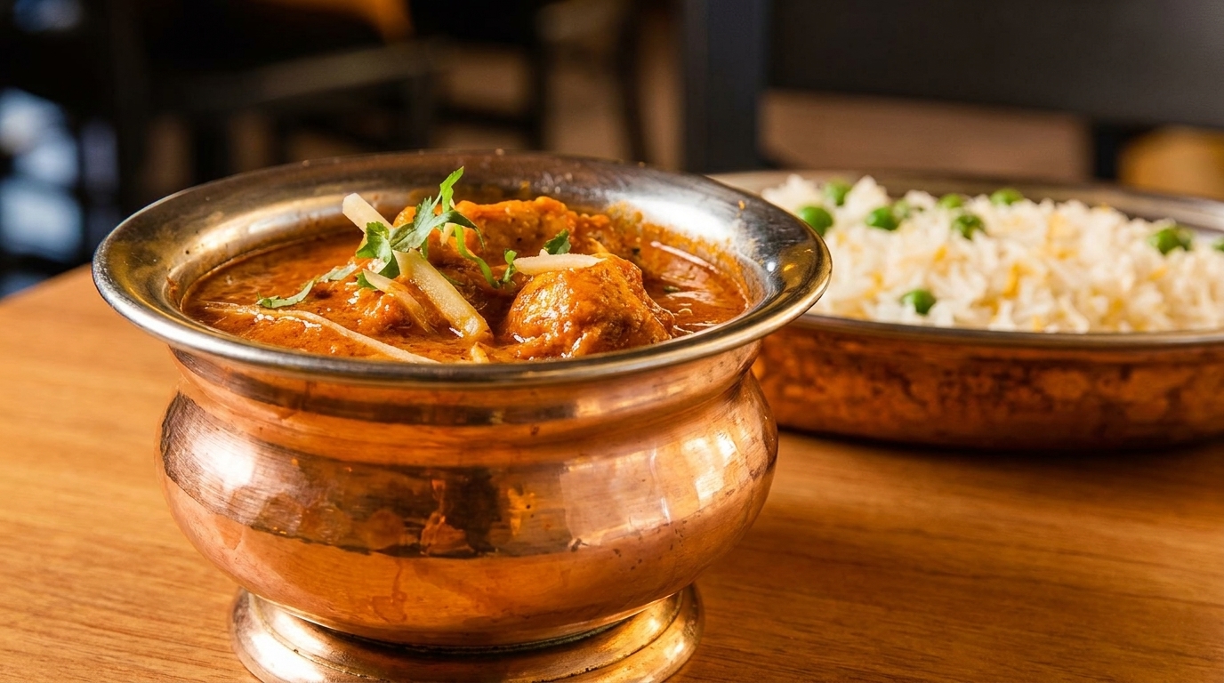 Chicken curry in a copper bowl with rice and peas in the background on a wooden table.