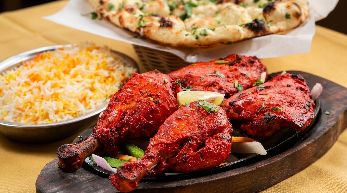 Four pieces of tandoori chicken with rice and naan bread on a wooden platter.