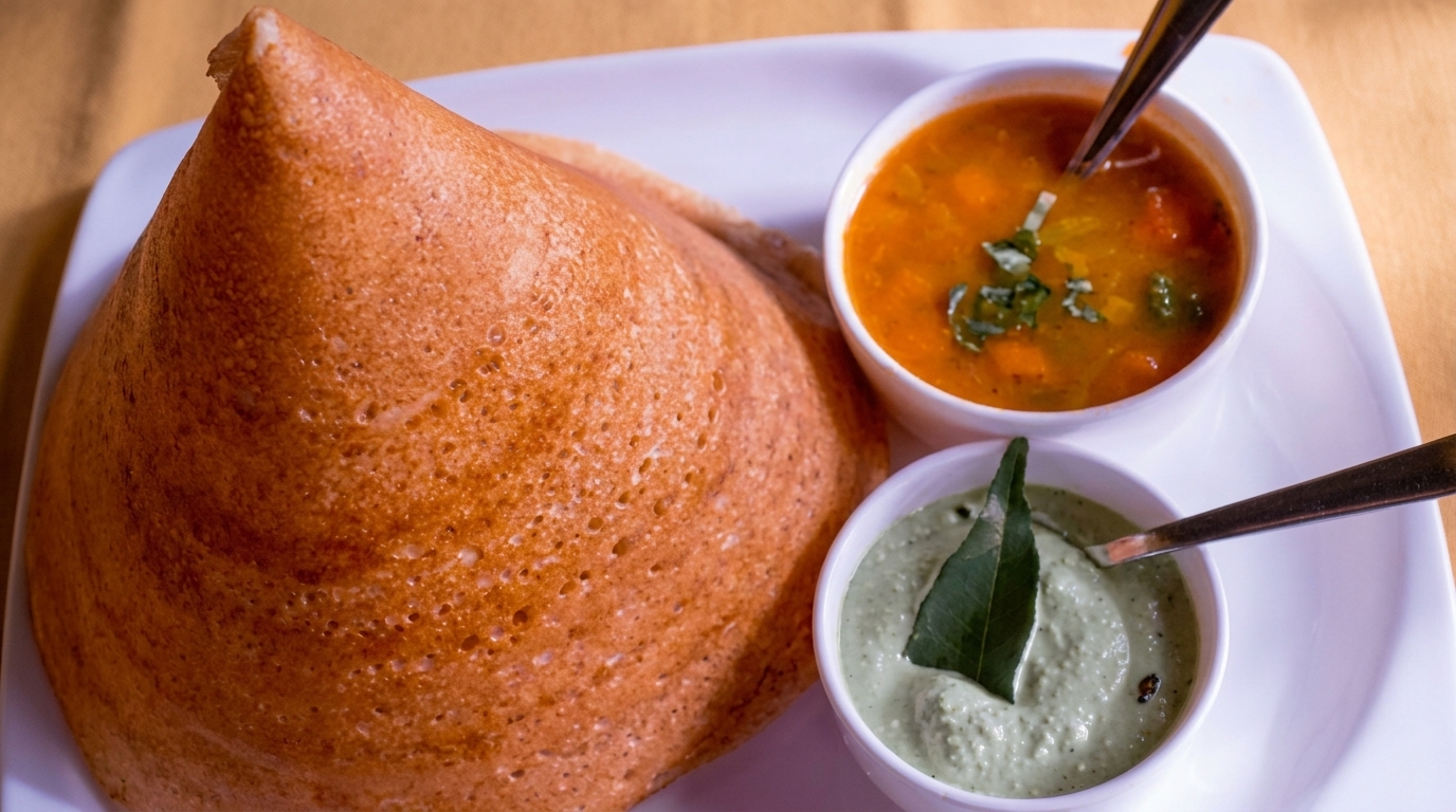 Crispy golden dosa served with two bowls of chutney and sambar on a white plate.